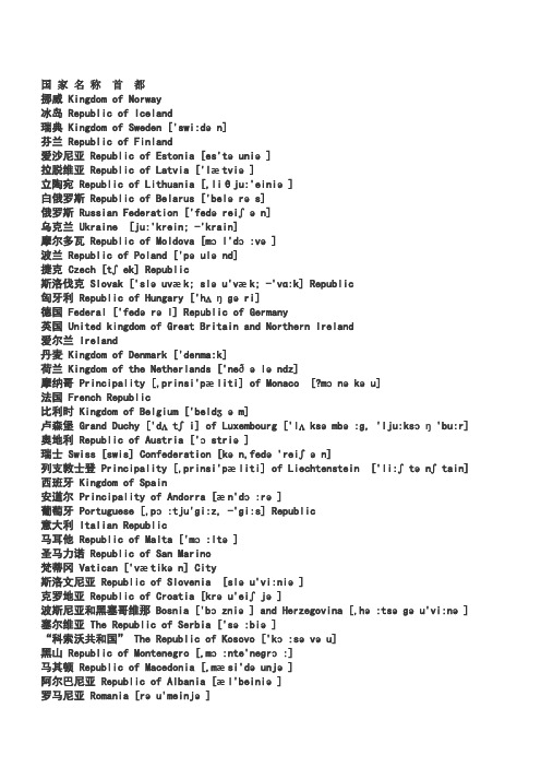 欧洲国家中英文对照带音标