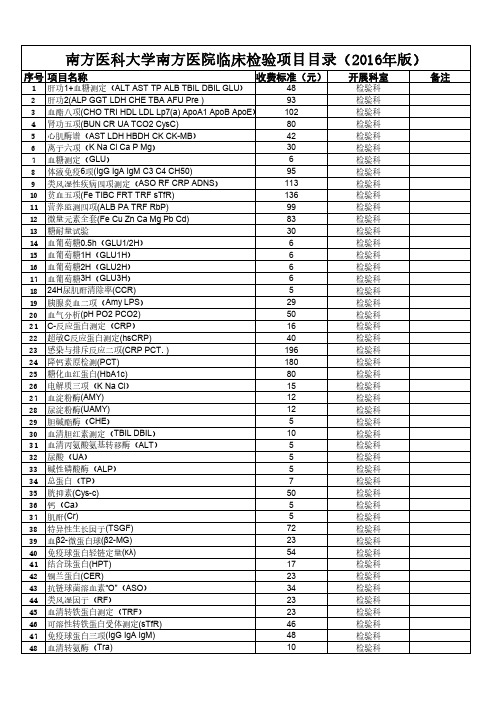 南方医科大学南方医院临床检验项目目录(2016年版)