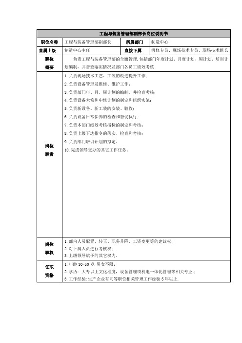 工程与装备管理部副部长岗位说明书