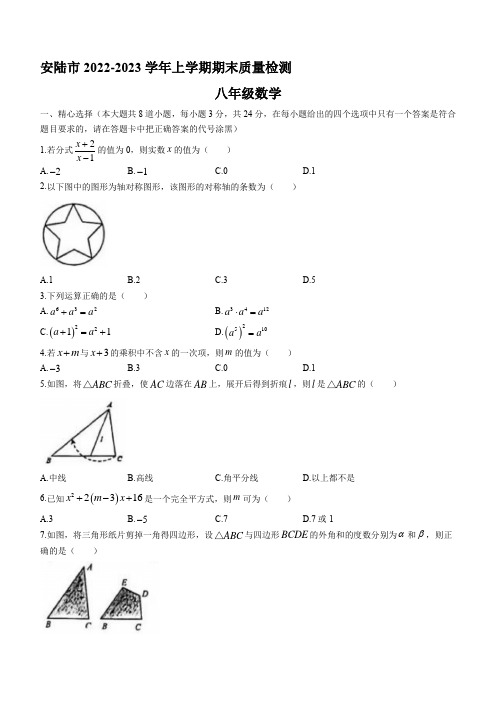 湖北省孝感市安陆市2022-2023学年八年级上学期期末质量检测数学试题(含答案)