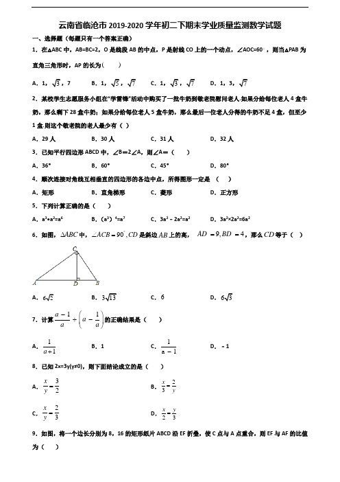 云南省临沧市2019-2020学年初二下期末学业质量监测数学试题含解析