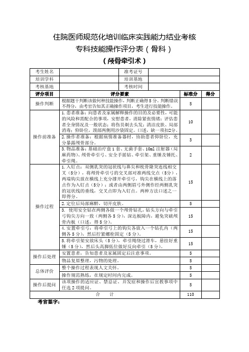 住院医师规范化培训临床实践能力结业考核专科技能操作评分表(骨科)颅骨牵引术