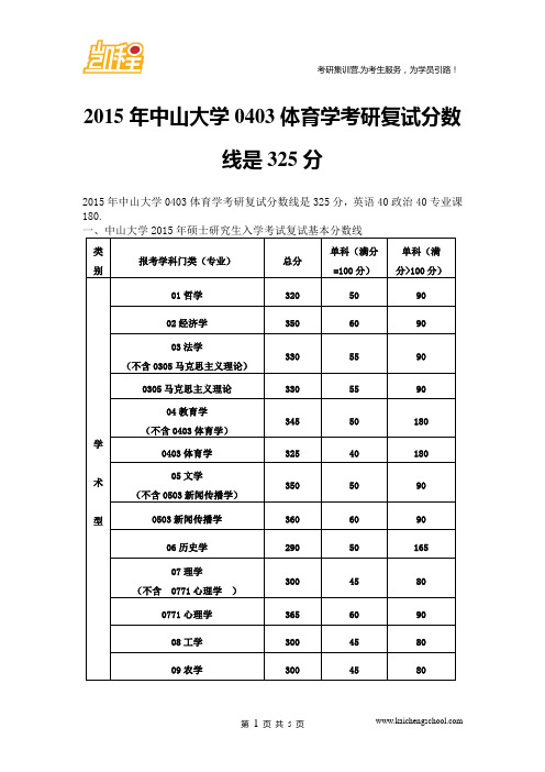 2015年中山大学0403体育学考研复试分数线是325分