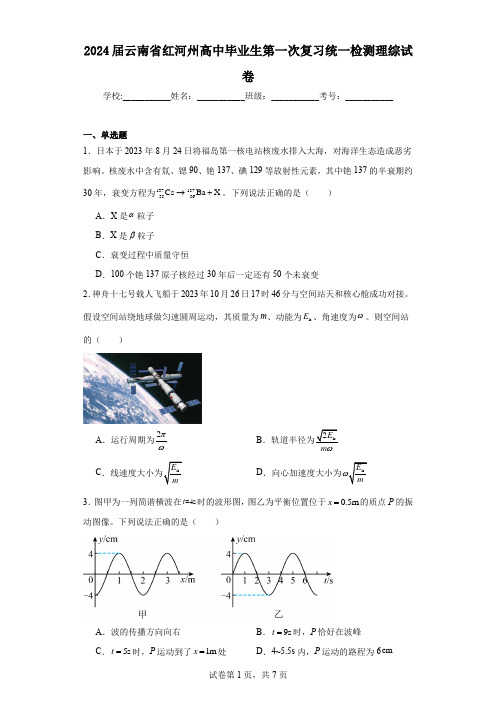 2024届云南省红河州高中毕业生第一次复习统一检测理综试卷