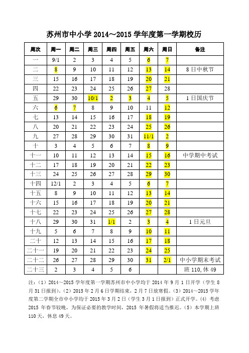 苏州市中小学2014～2015学年度第一学期校历