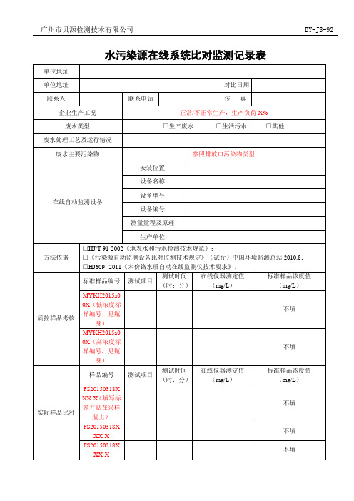 水污染源在线系统比对监测记录表