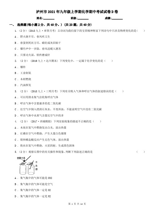 泸州市2021年九年级上学期化学期中考试试卷D卷