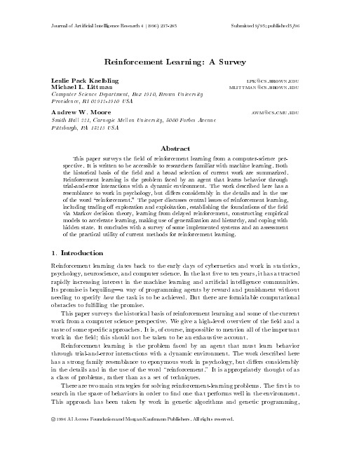 Reinforcement Learning A Survey