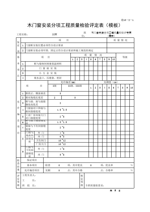 木门窗安装分项工程质量检验评定表(模板)