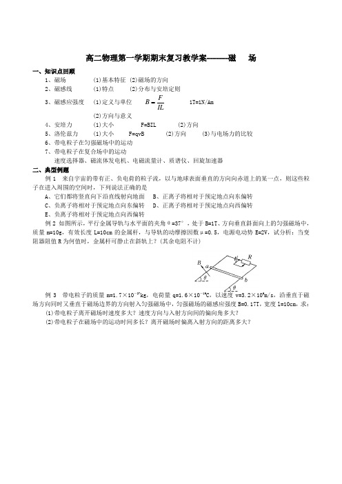 高二物理第一学期期末复习教学案---磁 场