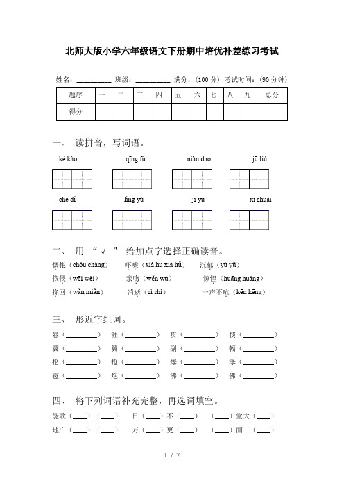 北师大版小学六年级语文下册期中培优补差练习考试