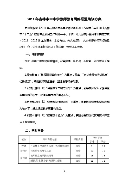 2011年吉林市中小学教师教育网联培训方案