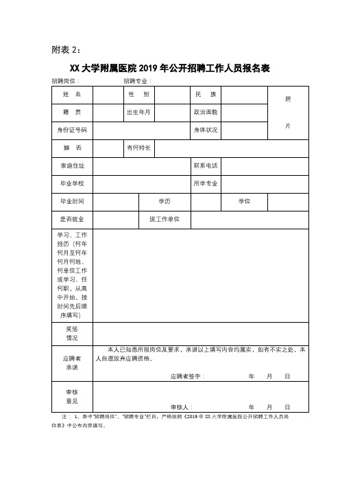 XX大学附属医院2019年公开招聘工作人员报名表【模板】