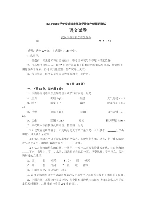 2013年元调语文试卷及答案