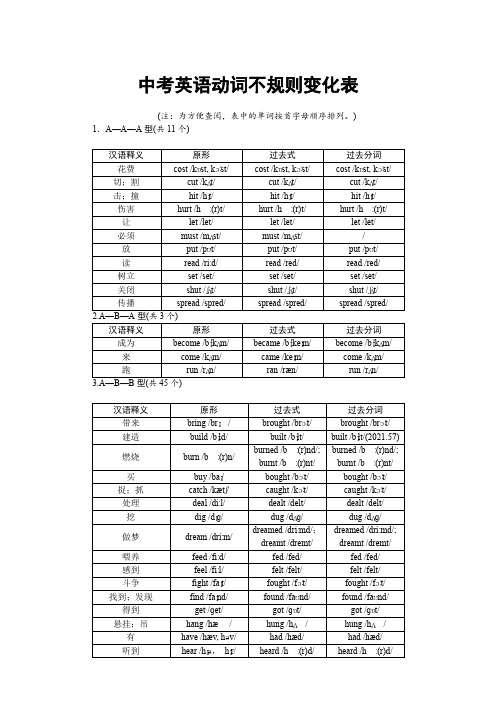 中考英语动词不规则变化表