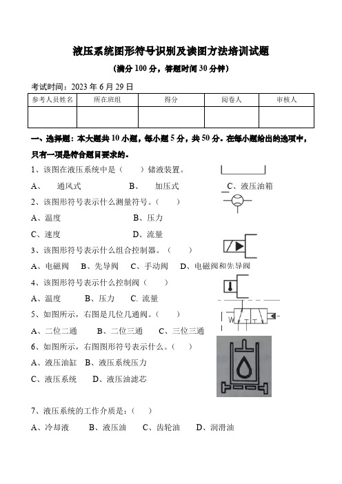 液压系统图形符号识别及读图方法培训试题