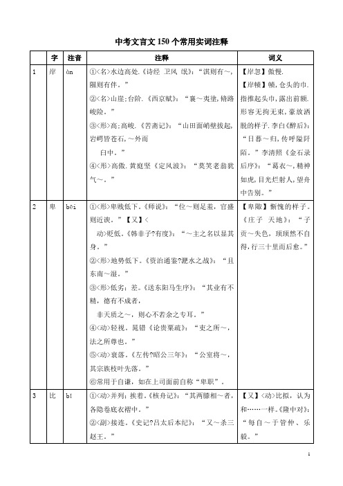 中考文言文150个常用实词注释