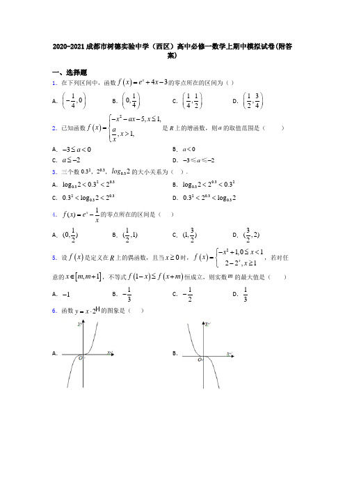 2020-2021成都市树德实验中学(西区)高中必修一数学上期中模拟试卷(附答案)