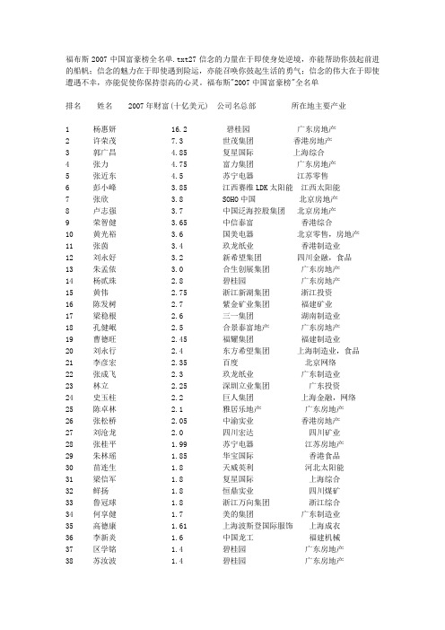 福布斯2007中国富豪榜全名单