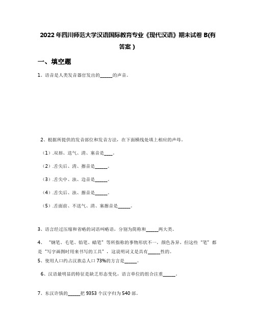 2022年四川师范大学汉语国际教育专业《现代汉语》期末试卷B(有答案)