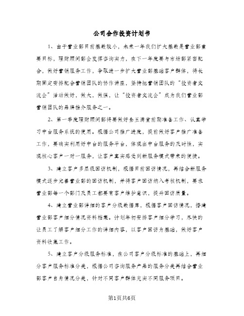 公司合作投资计划书(三篇)