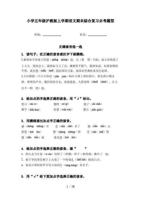 小学五年级沪教版上学期语文期末综合复习必考题型