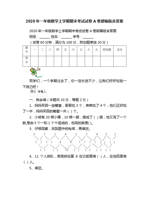 2020年一年级数学上学期期末考试试卷A卷部编版含答案