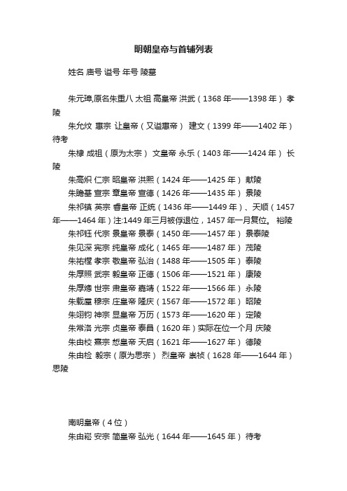 明朝皇帝与首辅列表