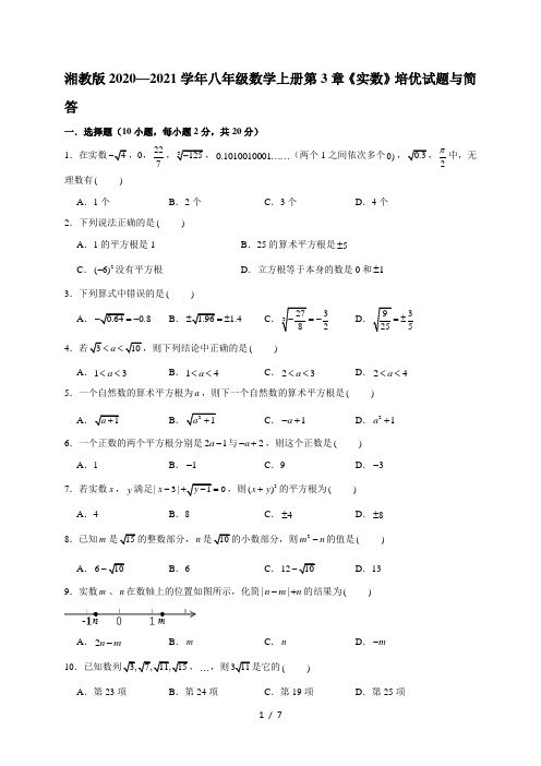 湘教版2020—2021学年八年级数学上册第3章《实数》培优试题与简答