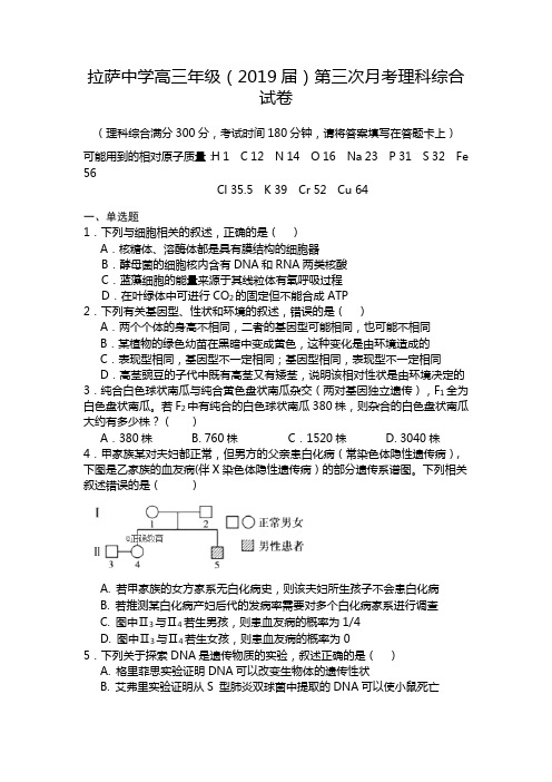 西藏拉萨中学2019届高三上学期第三次月考理科综合试卷