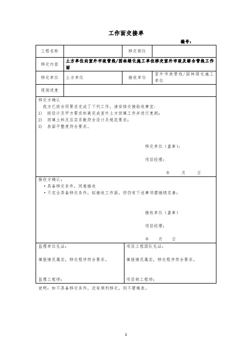 土方单位向室外市政管线园林绿化施工单位移交室外市政及综合管线工作面交接单