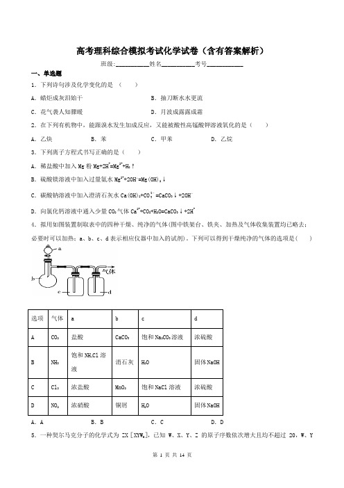 高考理科综合模拟考试化学试卷(含有答案解析)