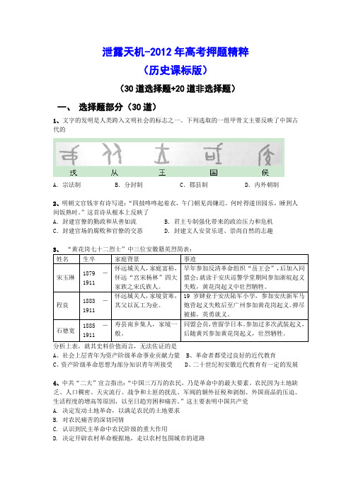 2012年高考押题精粹(30道选择题 20道非选择题)(历史课标版)