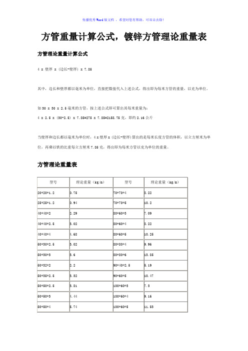 方管重量计算公式-镀锌方管理论重量表Word版