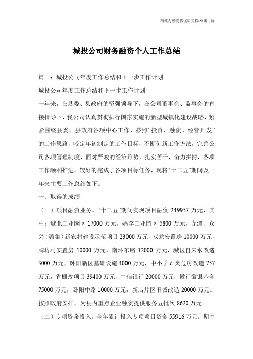 城投公司财务融资个人工作总结