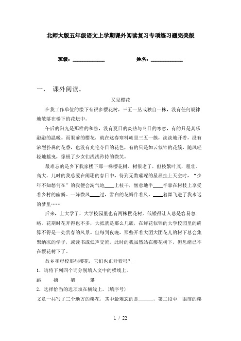 北师大版五年级语文上学期课外阅读复习专项练习题完美版