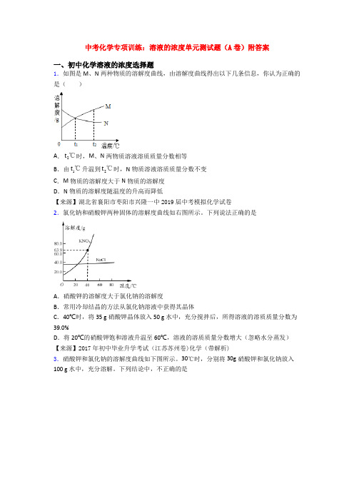中考化学专项训练:溶液的浓度单元测试题(A卷)附答案