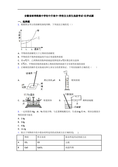 安徽省蚌埠铁路中学初中升高中-学校自主招生选拔考试-化学试题