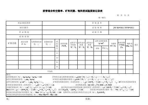 沥青混合料空隙率、矿料间隙、饱和度试验原始记录表