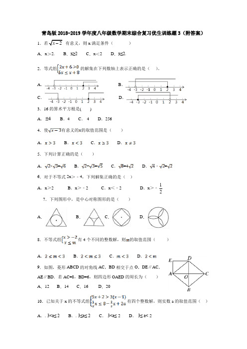 青岛版2018-2019学年度八年级数学期末综合复习优生训练题3(附答案)