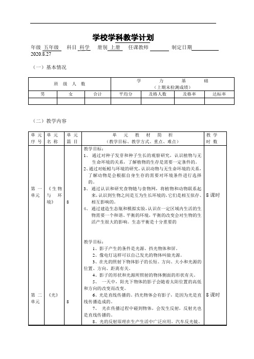 2020年五年级上册科学教学计划