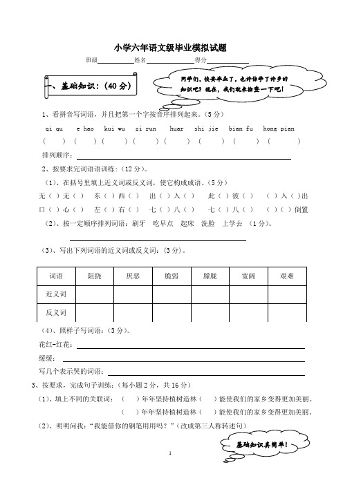 人教版六年级毕业模拟试题