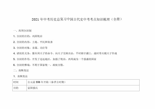 2021年中考历史总复习中国古代史中考考点知识梳理(全册)