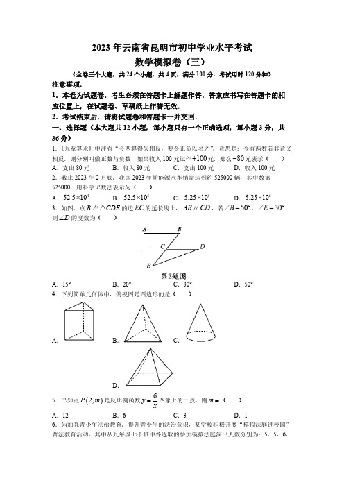 2023年云南省昆明市中考三模数学试题(含解析)