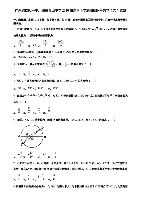 【附加15套高考模拟试卷】广东省揭阳一中、潮州金山中学2020届高三下学期期初联考数学(文)试题含答案