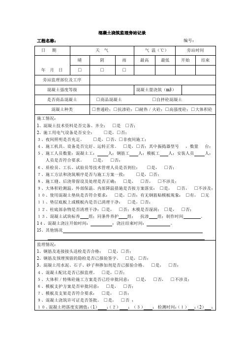 混凝土浇筑监理旁站记录(完整)