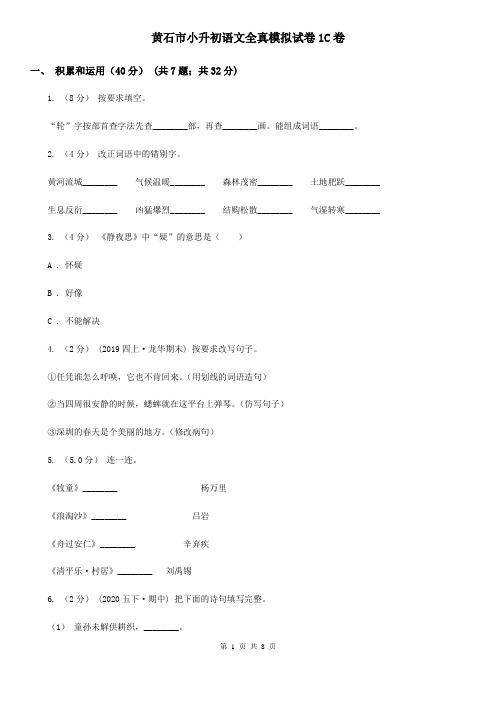 黄石市小升初语文全真模拟试卷1C卷