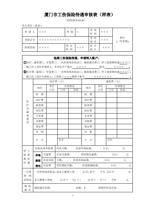 厦门工伤保险待遇审核表样表