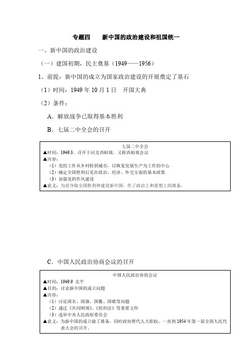 2019年高考历史必修知识专题复习提纲：专题四    新中国的政治建设和祖国统一