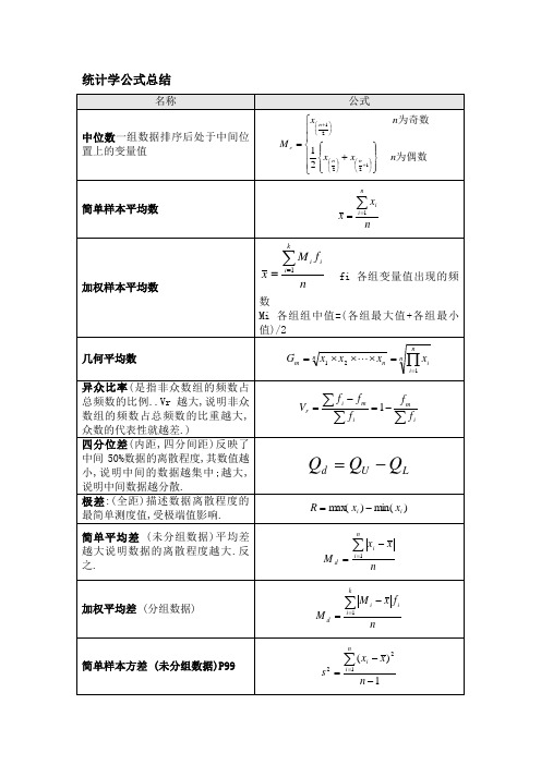 统计学公式总结